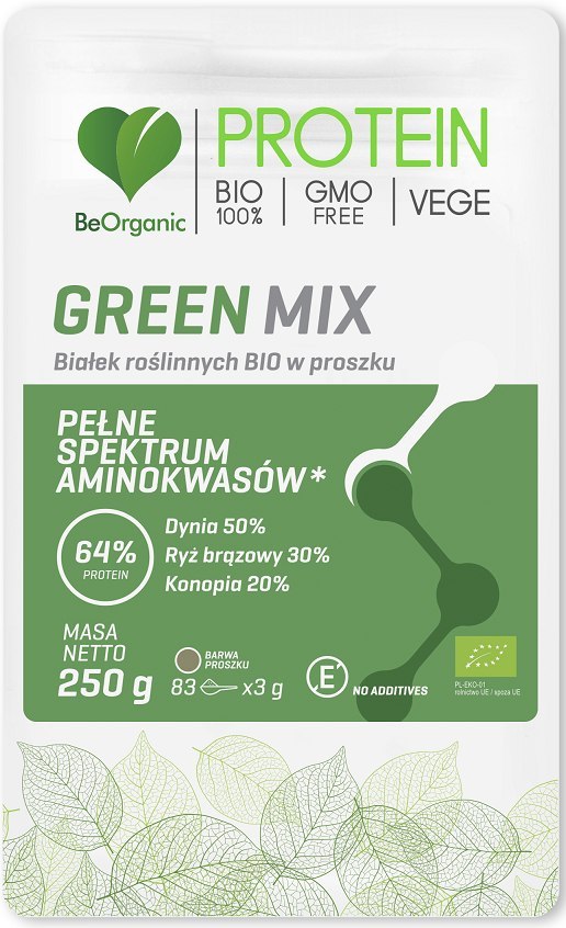BIAŁKO ROŚLINNE GREEN MIX W PROSZKU BIO 250 g - BE ORGANIC
