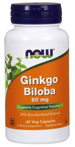 NOW FOODS Ginkgo Biloba, Miłorząb Dwuklapowy, 60mg - 60 vcaps