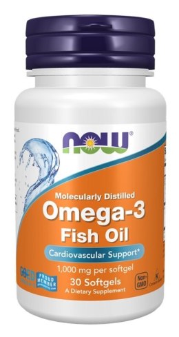 NOW FOODS Omega 3, Molekularnie Destylowany Olej Rybny, 30 kapsułek miękkich