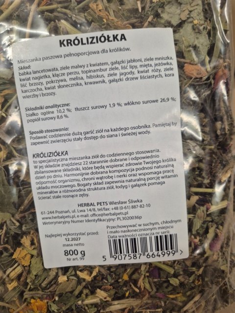 Herbal Pets Króliziółka dla Królika - Naturalna Mieszanka Ziół